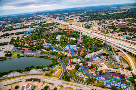 Aerial view of Six Flags Over Texas amusement park located in Arlington just outside of Dallas, Texas.